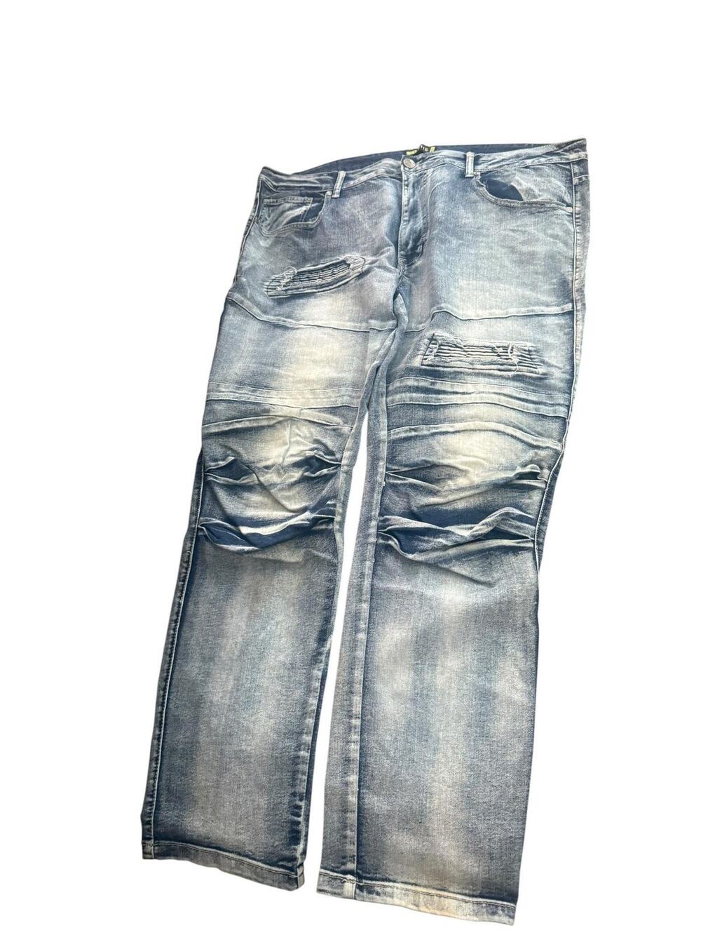 GS115 Jeans Mens 42x32 Blue Light Wash Relaxed Straight Distressed Moto Denim